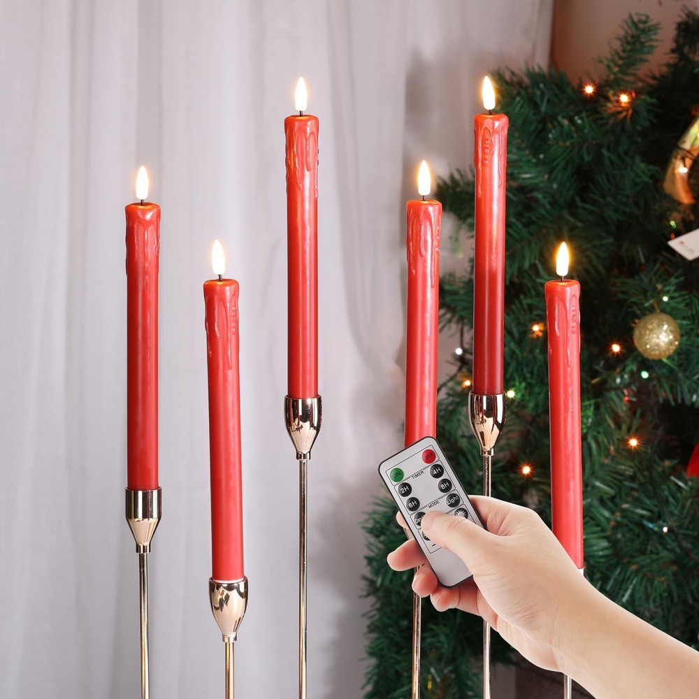 Eywamage Red Christmas Flameless Taper Candles with Remote, Realistic Drippin...