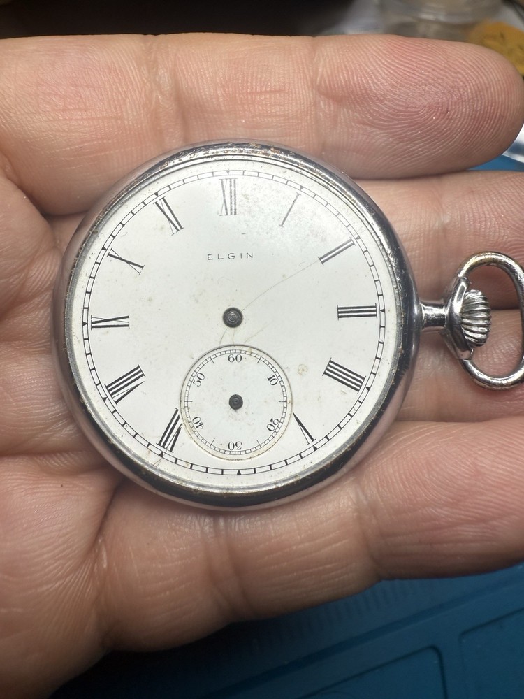 Vintage 1907 Elgin 18s 7J Pocket Watch Movement 39mm with Roman Dial Case Frame
