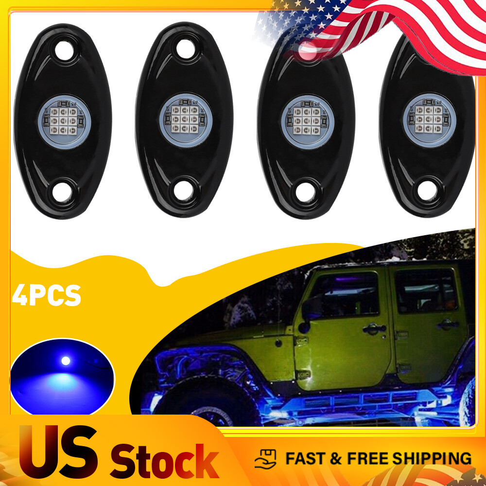 4 Pods LED Rock Blue Lights Underbody For JEEP Truck Offroad UTV ATV SVU Boat 9W