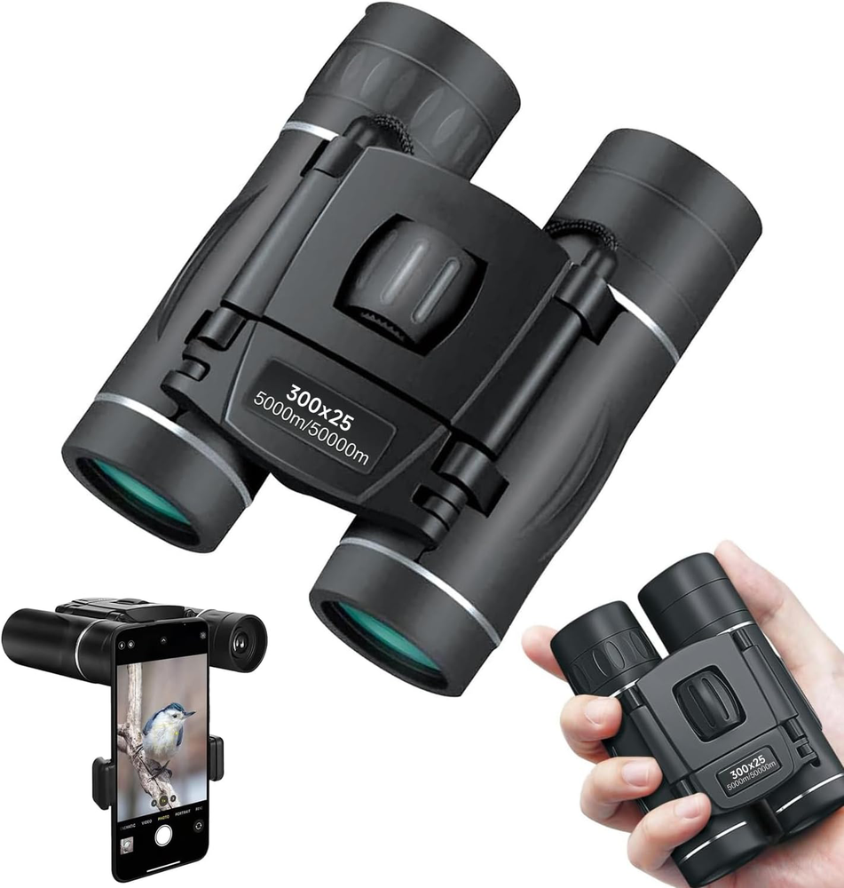 High Powered 300x25 Mini Binoculars with Phone Adapter for Bird Watching