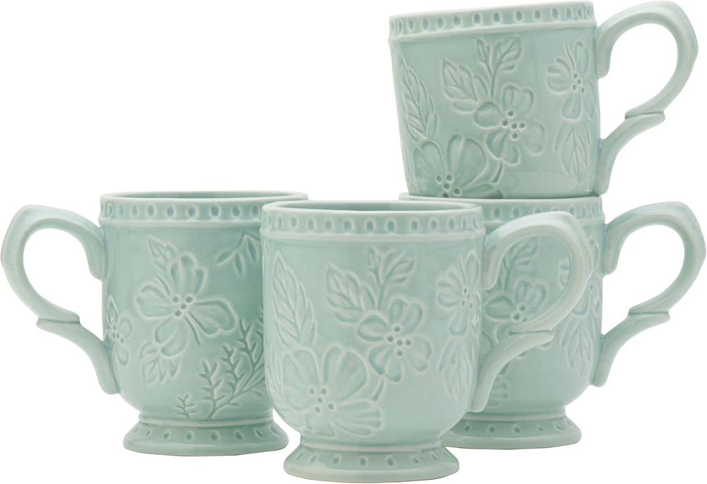 English Garden Set Of 4 Mugs 12 Ounce Color Blue Floral Design For Everyday Use
