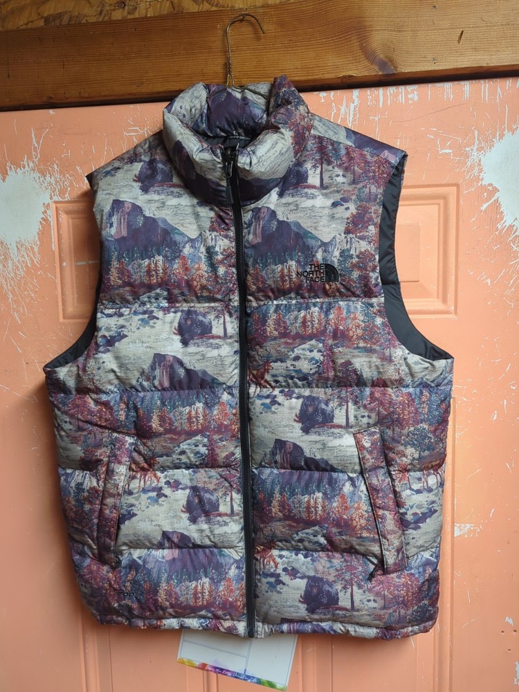 The North Face Nuptse Vest Puffer 700 Goose Down All Over Print Forest Scene
