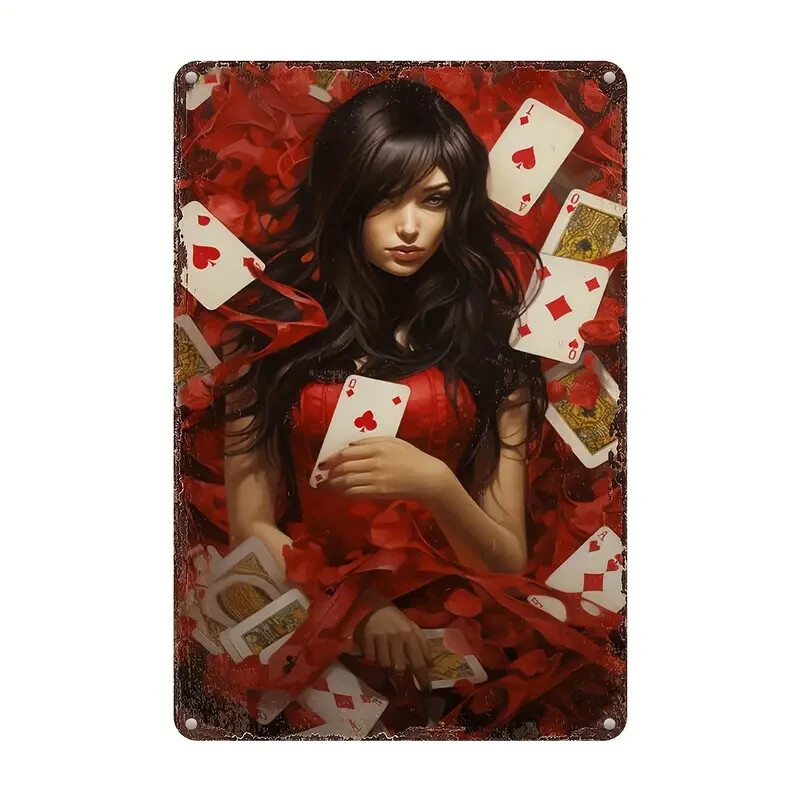 Vintage-Inspired Aluminum Metal Wall Art, Classic Red Casino-Themed Playing Card