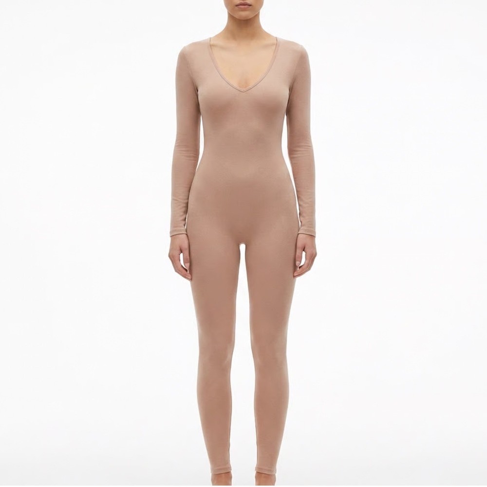 Naked Wardrobe Tan Long Sleeve V-Neck Jumpsuit Large