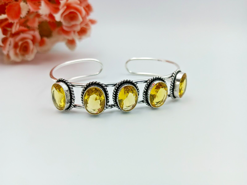 Handmade Citrine Gemstone 925 Sterling Silver Cuff Bangle Bracelet