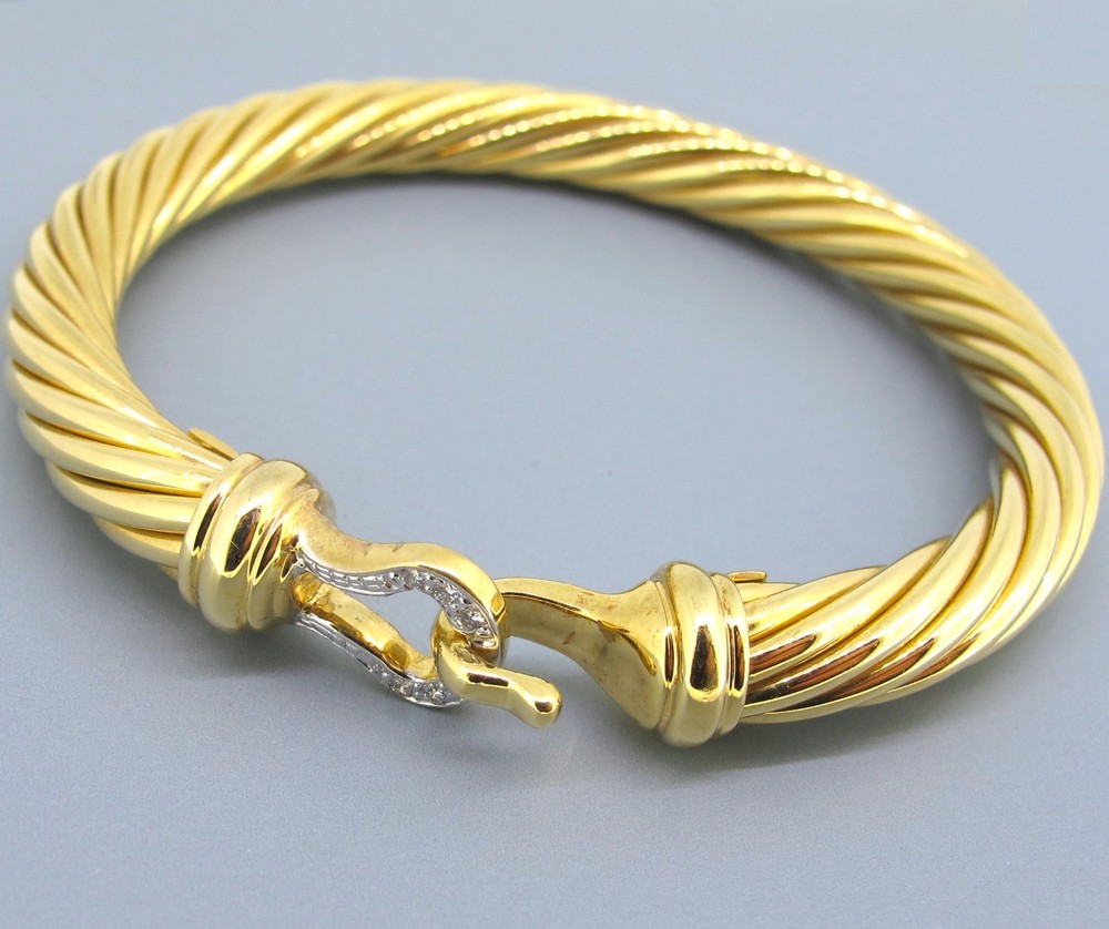 David Yurman 18k Yellow Gold Buckle Cable Spiral Diamonds Bangle Bracelet 6.5''
