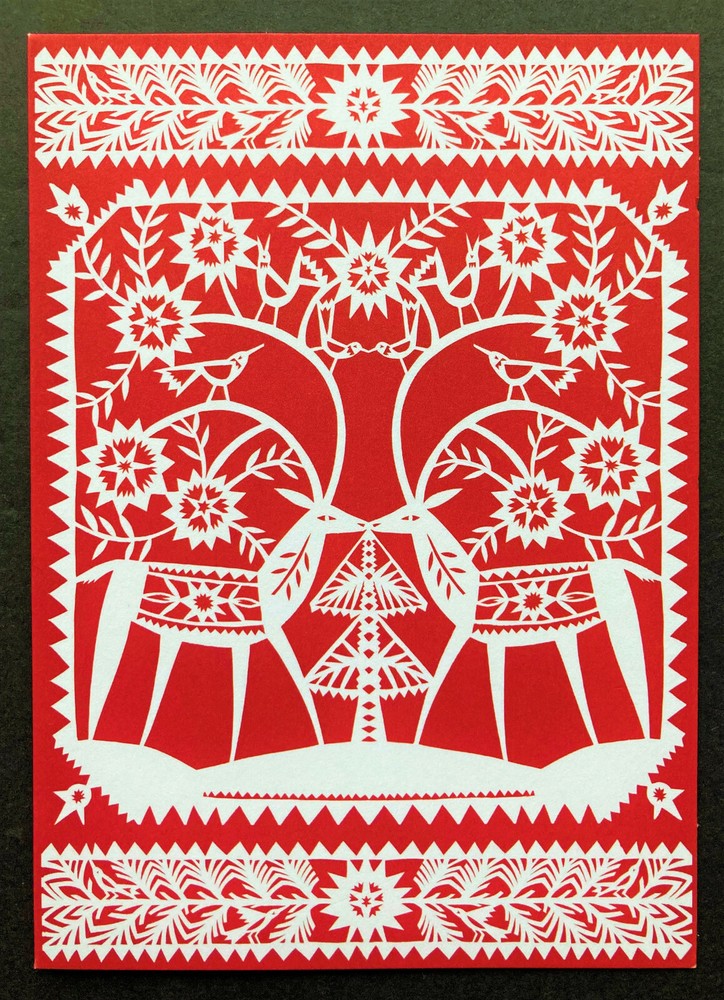 *ONE* Nordic Holiday Reindeer Christmas Card Large Red Deer Scandinavian Style 1