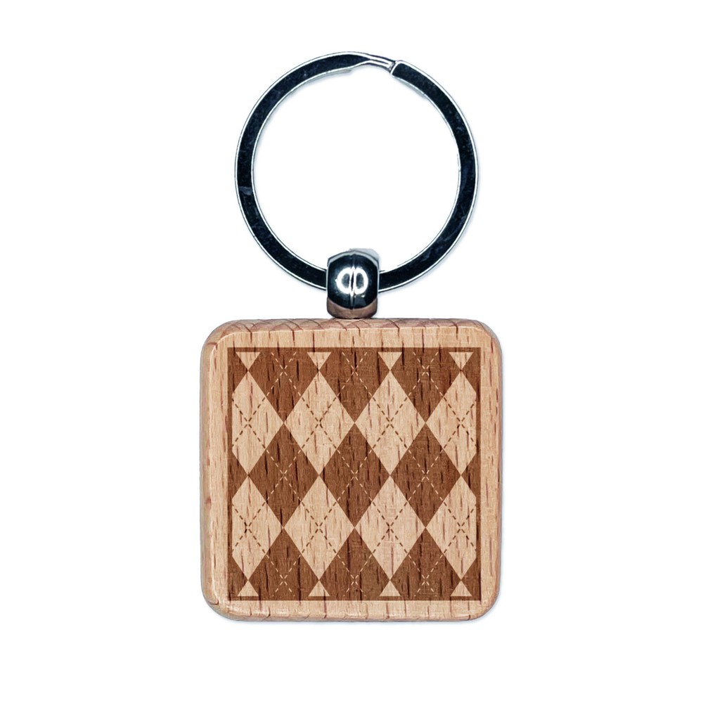 Argyle Pattern Block Engraved Wood Square Keychain Tag Charm