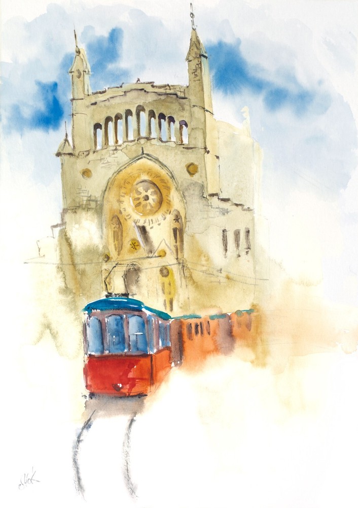 Lisbon Tram Painting Portugal Original Watercolor Lisbon Cityscape Wall Art Tram