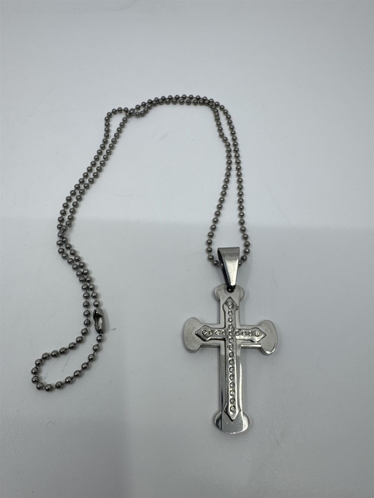 Silver Rhinestone Cross Necklace with Ball Chain for Men & Women
