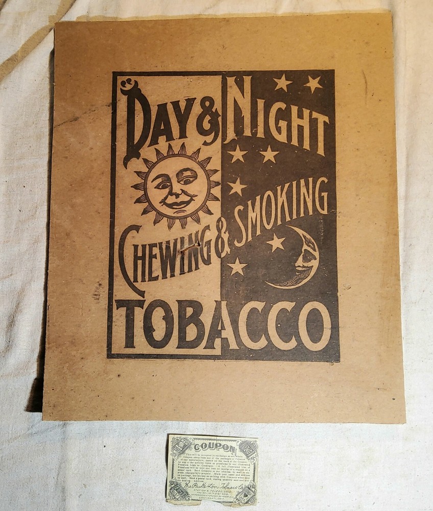 Rare Antique Day & Night Chewing Smoking Tobacco Heavy Paper Sign Coupon-image