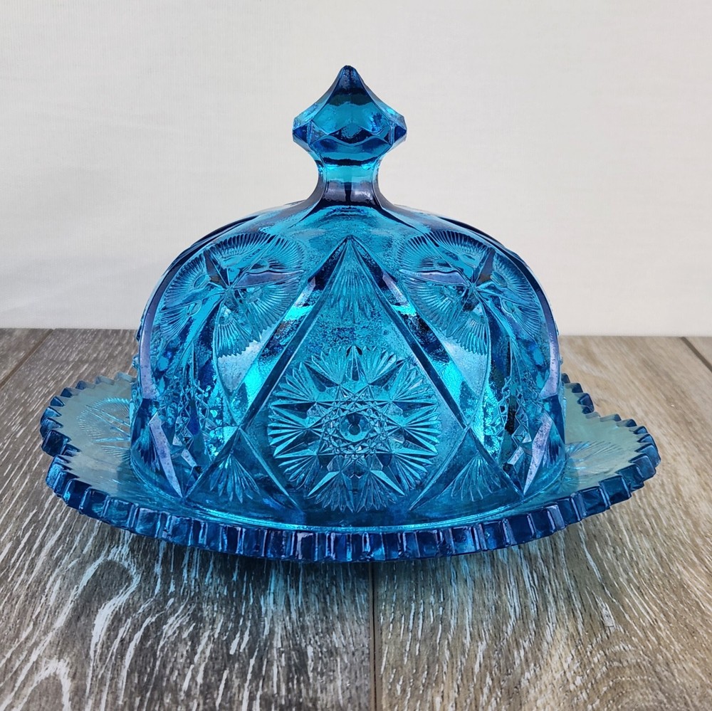 Vintage Kemple Blue Yutec Fan & Star Pressed Glass Butter Dish with Lid