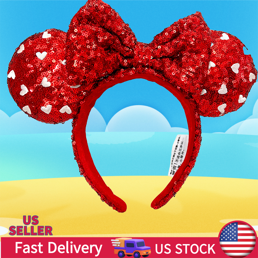 Headband Disney-Park  Valentines Day Heart Red  Sequin Bow Ear Minnie NWT lovely