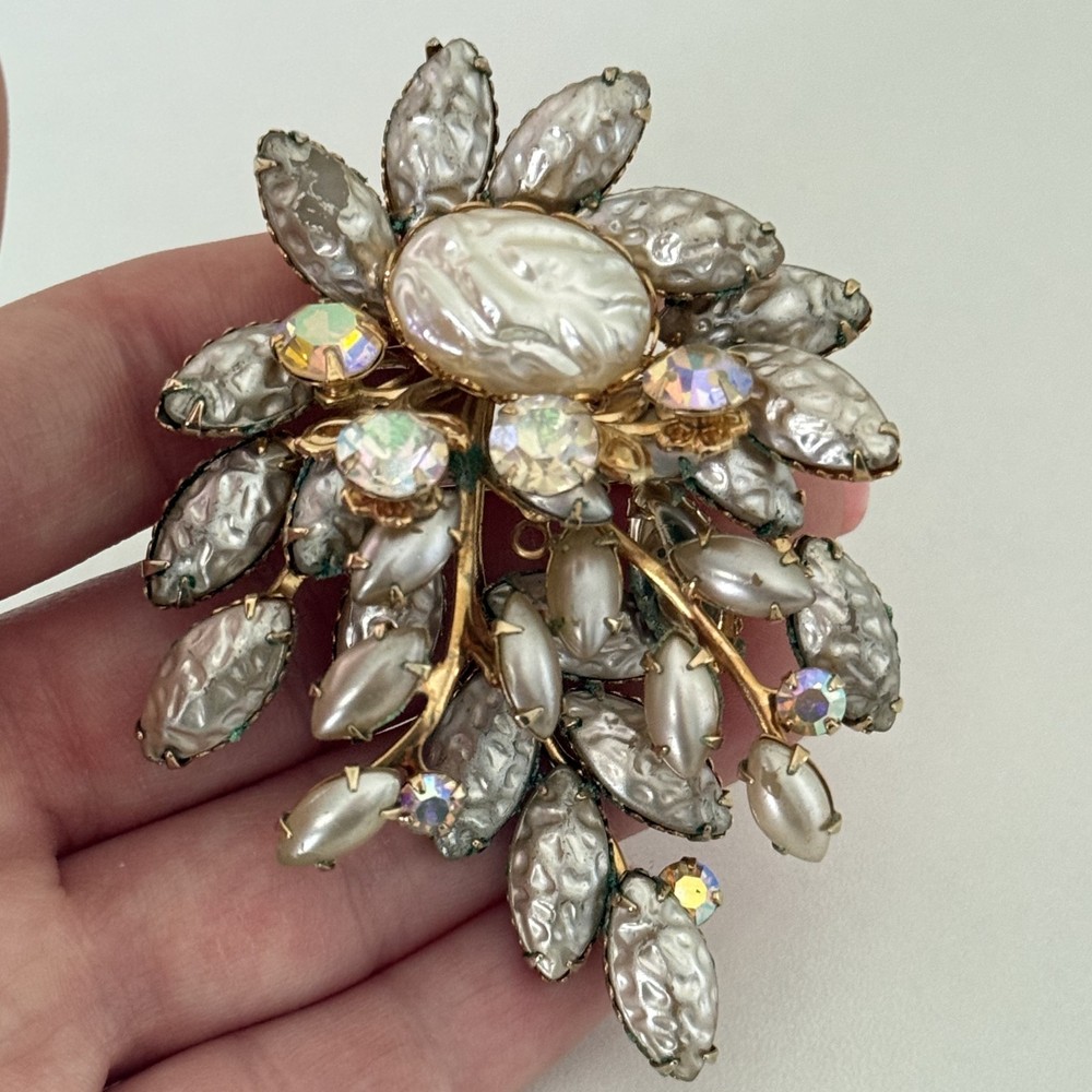 Vintage AB Rhinestone Crackled Lava Stone Big Flower Statement Brooch Pin