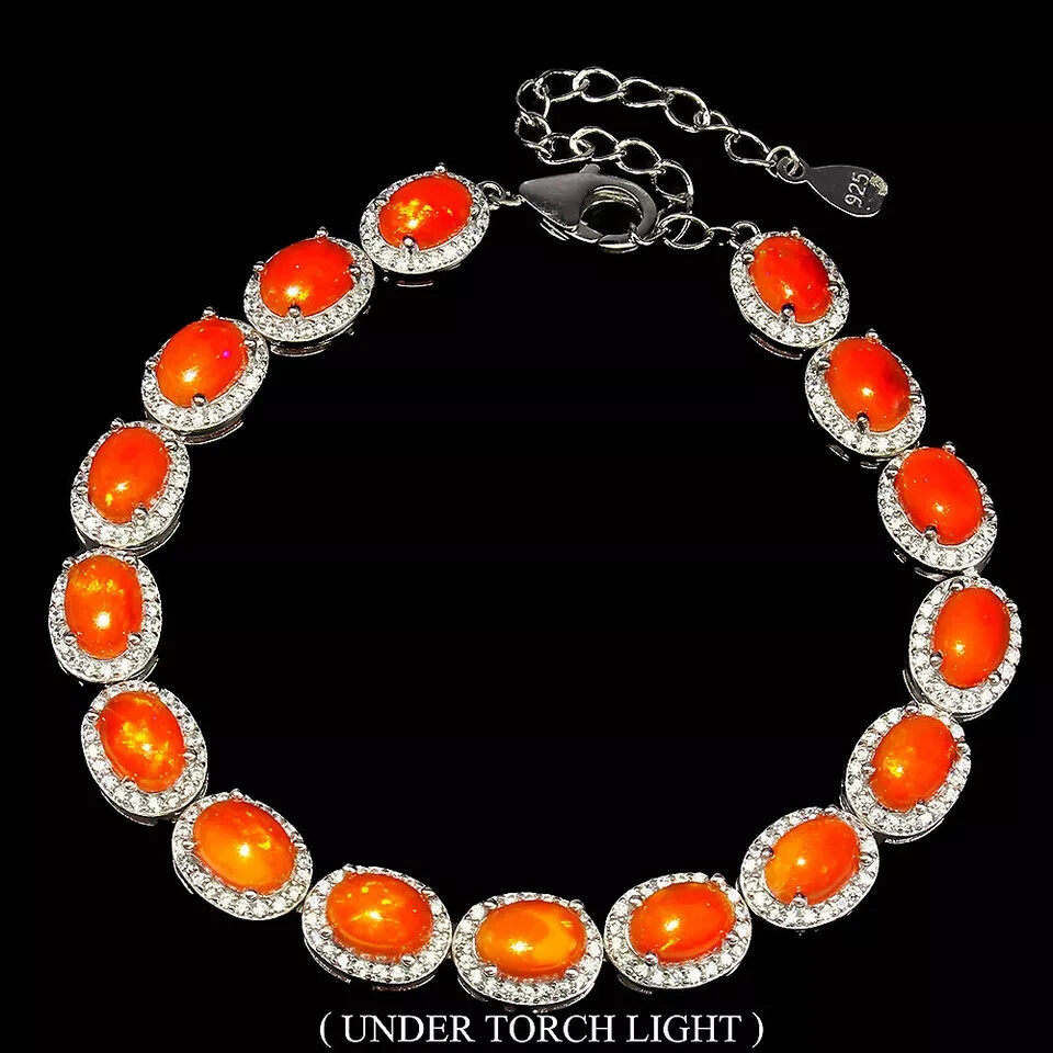 Silver Bracelet Orange Opal Genuine Natural Gems Solid Sterling 7 to 9 Inch