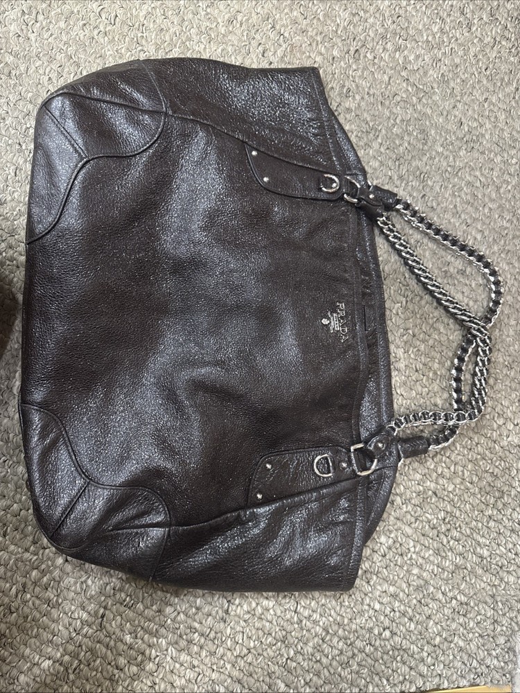 Prada Milano Large Shiny Distressed Brown Shoulder Bag with Chunky Chain Strap
