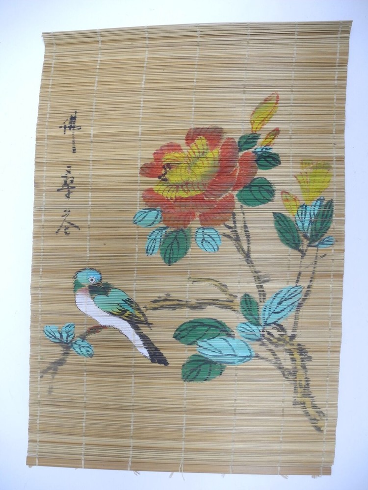 Vintage Chinese Wall Scroll Bamboo Panel Hanging Wall Art Flowers Birds Painting