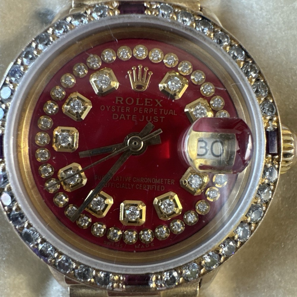 Rolex Red Vignette Ladies Date Just 18k With Diamonds And Rubies