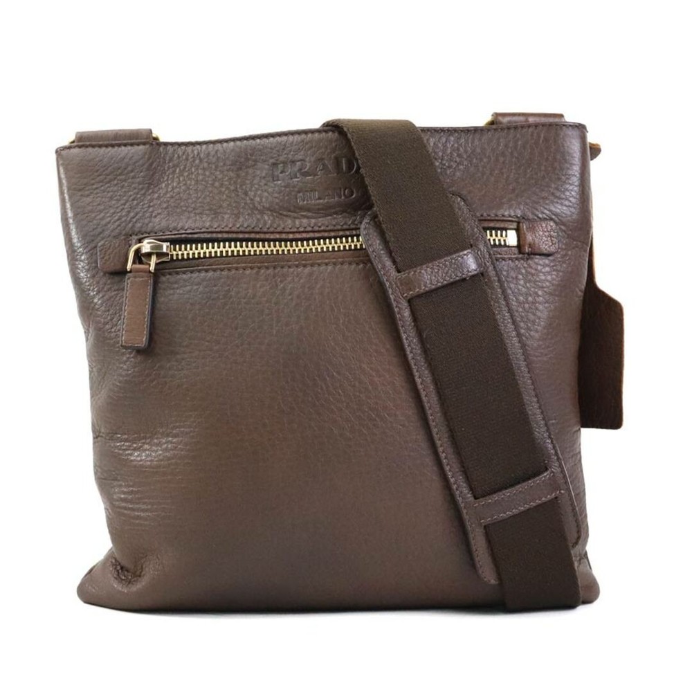 RARE PRADA Leather Crossbody Shoulder Bag Brown Gold for Men Pre-Owned e6