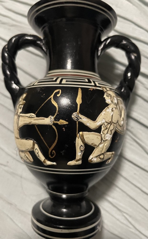 Greek Ceramic Vase Art Pottery Hand Painted Decorative Black Beige White Glossy