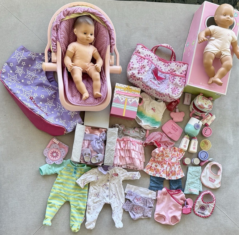 American Girl Bitty Baby Lot – 2 Dolls, Clothes, Accessories, Bag & Carrier