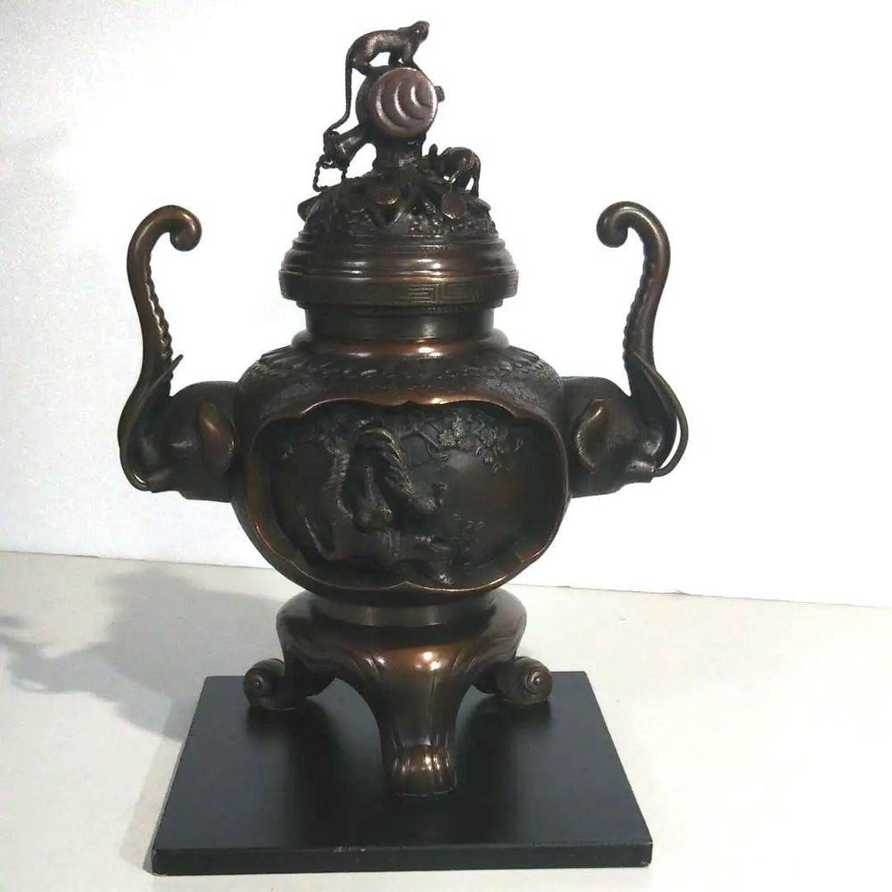 Bronze Incense Burner 10.2 inch Bird Mouse Rat Vintage Japanese Censer Sculpture