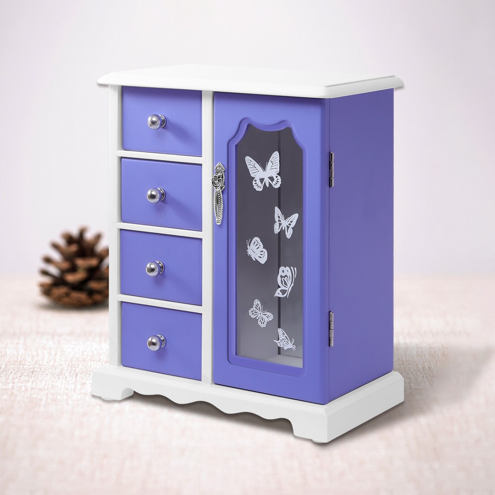Purple Butterfly Double Door Jewelry Box with 4 Drawers & Mirror-image