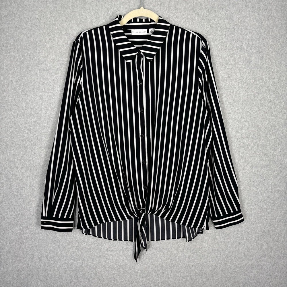 Susan Graver Shirt Women 12 Black White Striped Tie Silky Soft Blouse Top Career