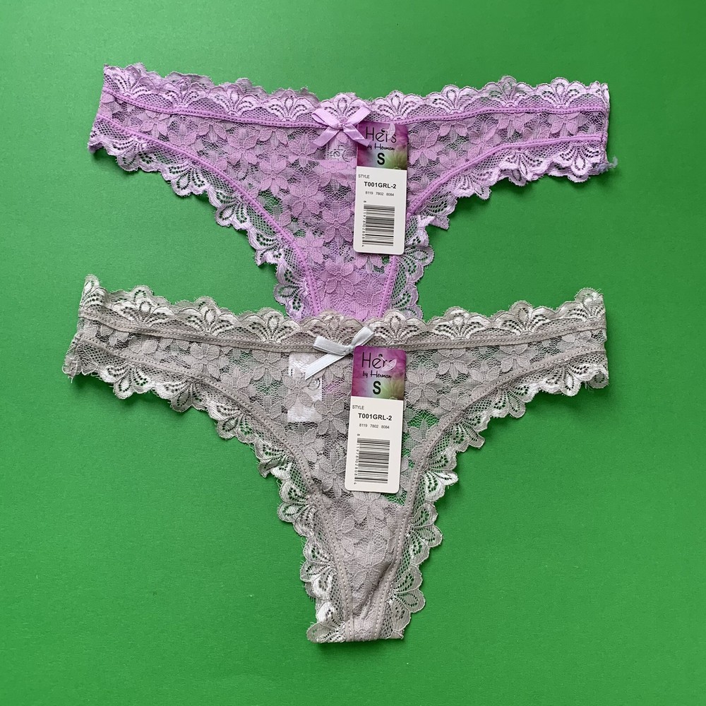 2 Hers  By Herman Lace Thongs  Grey/purple Floral Size Small Scalloped Edges New