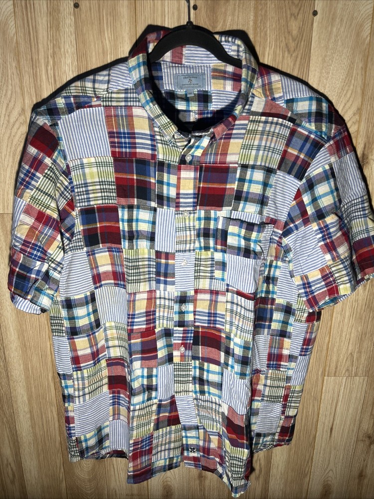 Castaway Nantucket Island Men’s 2XL Patchwork Plaid Button Down Short Sleeve