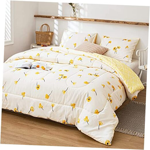Yellow Floral Plaid Reversible Comforter Set for Queen Size Beds