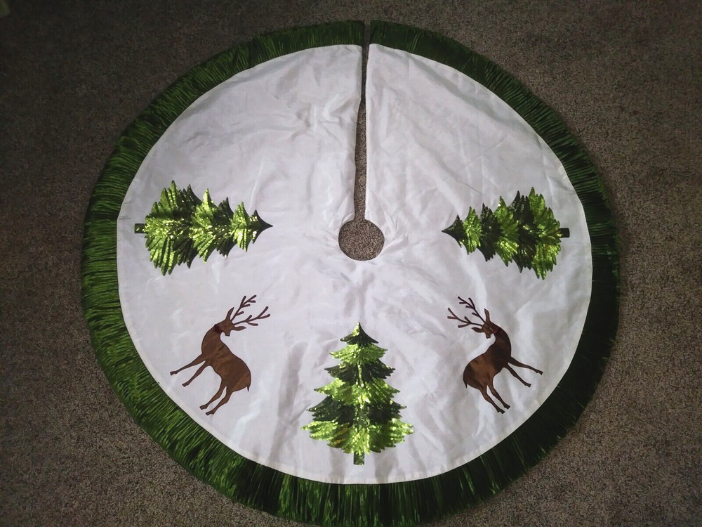 Beautiful White & Green Satin Sequined Christmas Tree Reindeer w/Bells 50