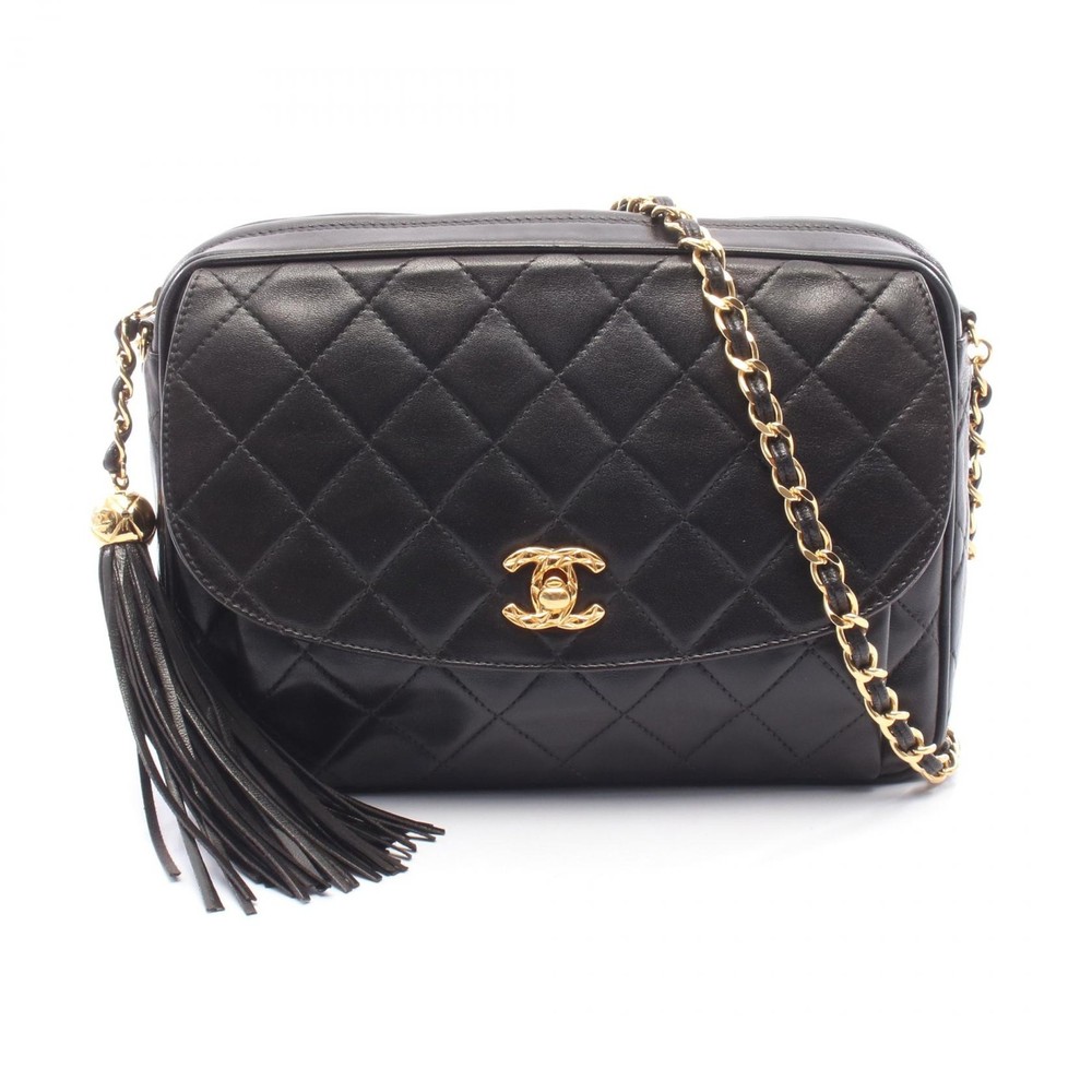 CHANEL Matelasse chain crossbody Shoulder Bag tassel Lambskin Black Used GHW