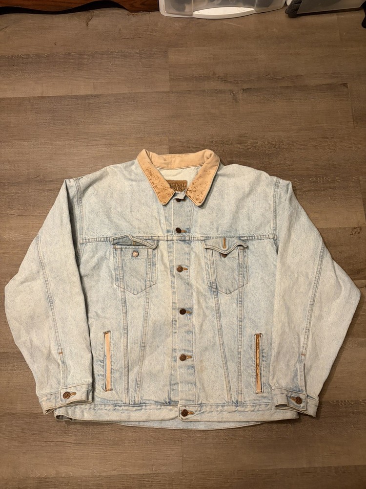 Arizona Jeans Company Blue Denim Jacket w/ Faux Leather Collar Men's Size XL