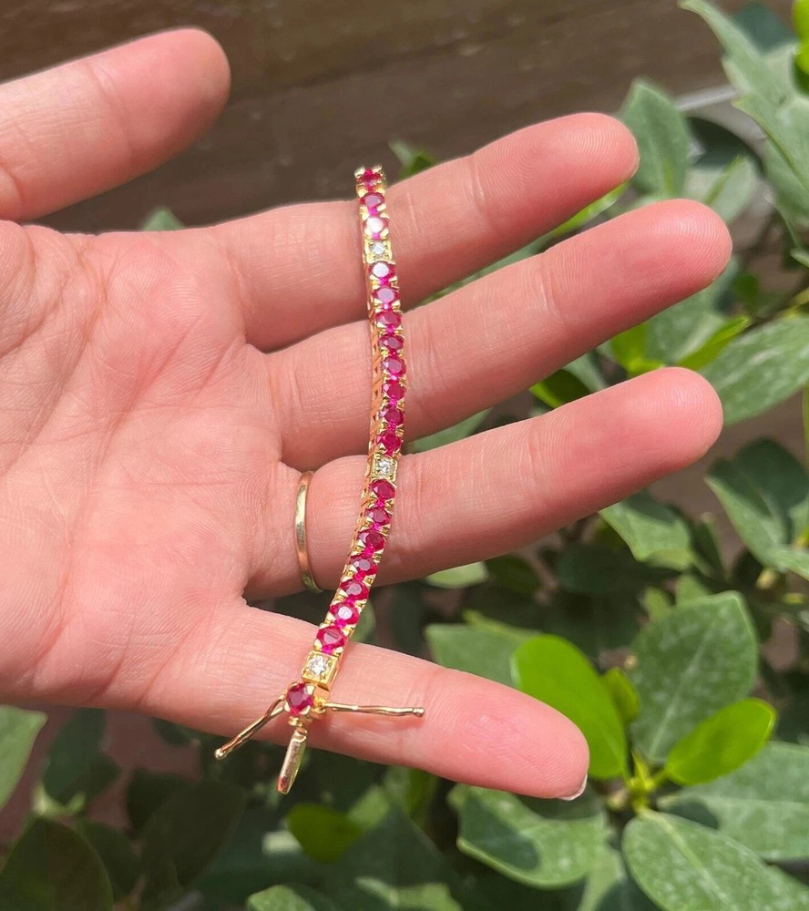 10.00 Ct Round Cut Natural Red Ruby & Diamond Tennis Bracelet 14K Yellow Gold
