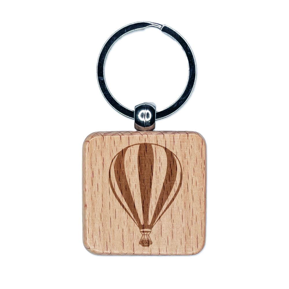 Striped Hot Air Balloon Engraved Wood Square Keychain Tag Charm