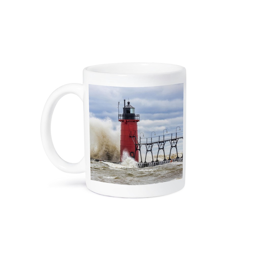 3dRose South Haven Lighthouse Michigan Mug with Crashing Waves Design