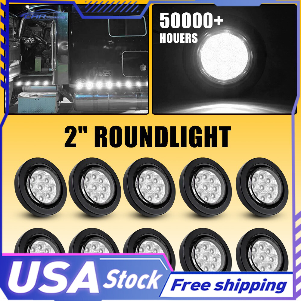 10pc 2-Inch DOT White Round LED Trailer Marker Lights with Grommet for Trucks RVs