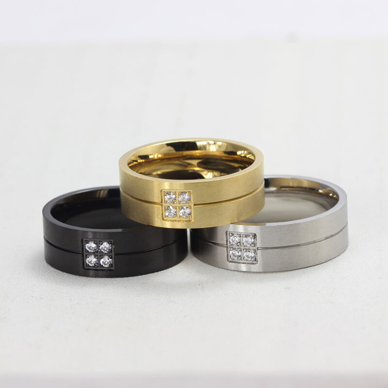 8MM Zirconia Stainless Steel Rings Inside Polished Wedding Band Jewelry 3 Colors