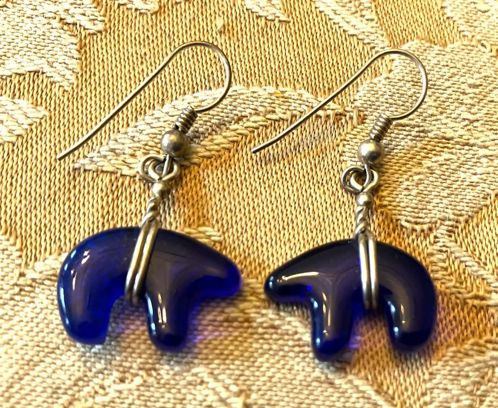 Zuni Fetish Sacred Bear Cobalt Blue Silver Wire Wrapped Glass Dangle Earrings