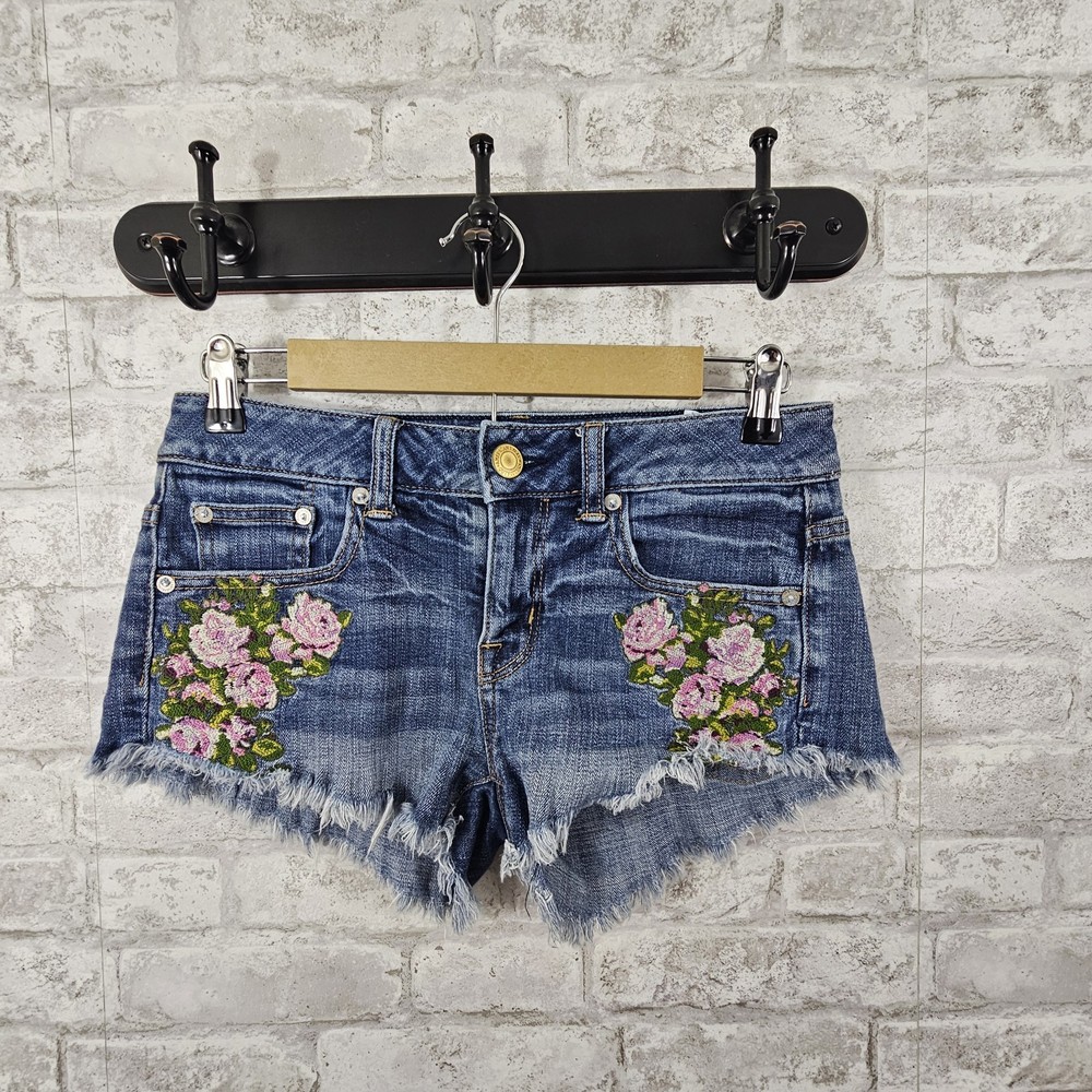 American Eagle Denim Jean Shorts Womens 0 Blue Floral Cut Off Booty Shorts
