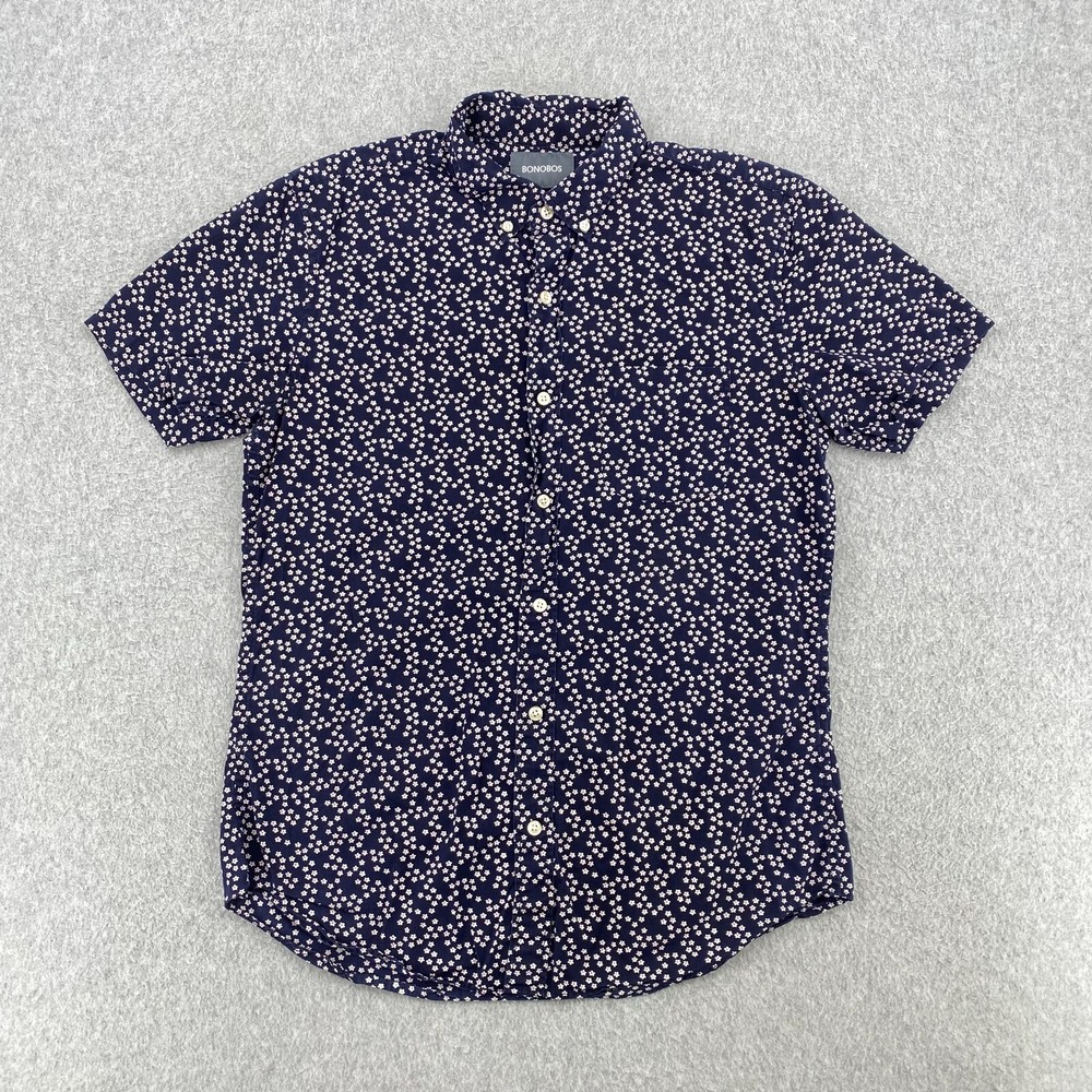 BONOBOS Shirt Mens Medium Navy Blue Flower Print Short Sleeve Slim Fit Button Up