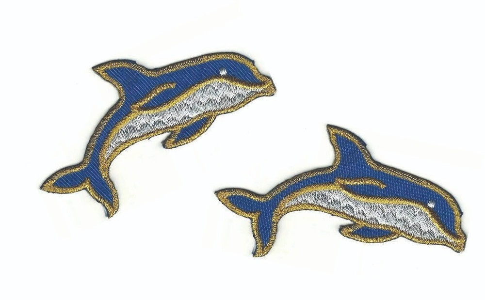 Purple Dolphin Iron-On Patch with Metallic Gold Outline Set of 2