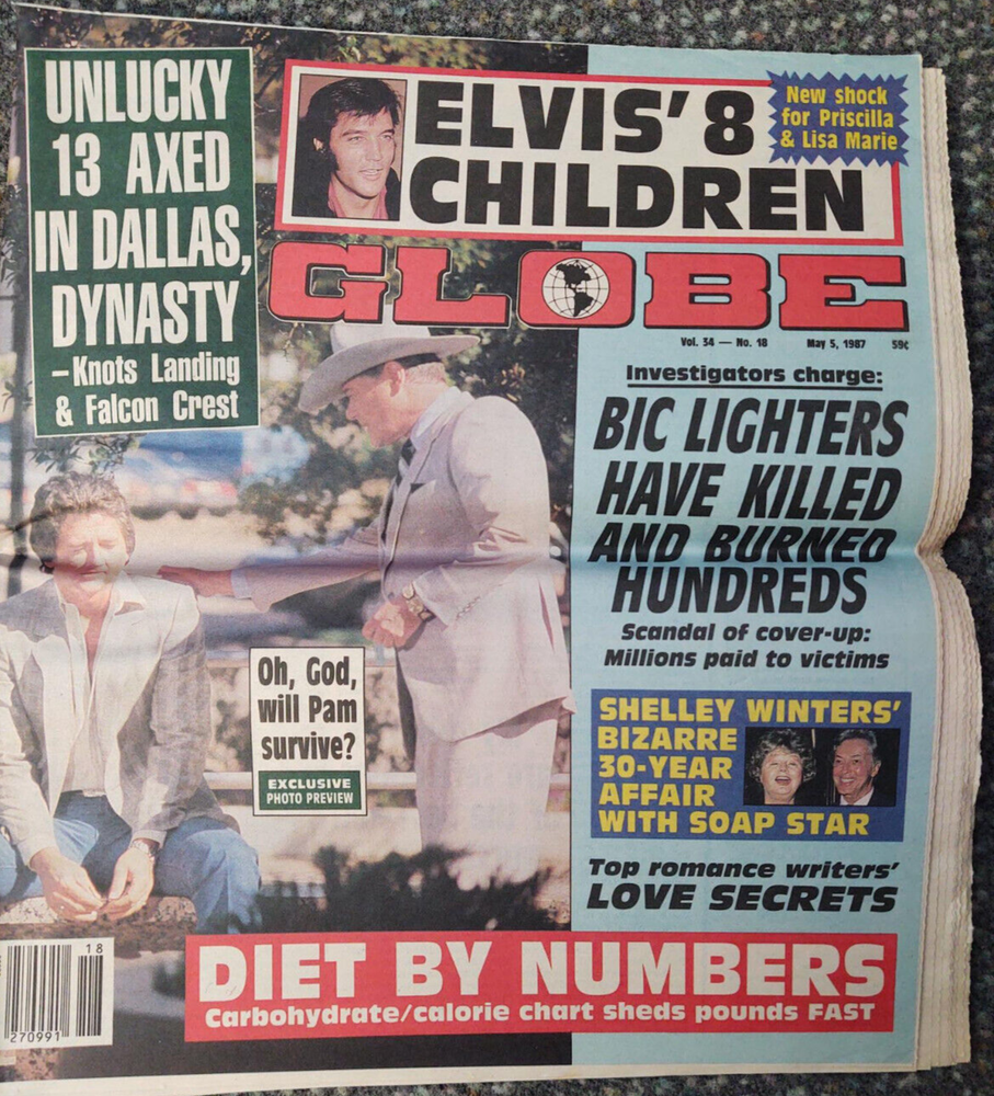Globe Magazine Dallas Patrick Duffy Larry Hagman Elvis May 5, 1987 Issue