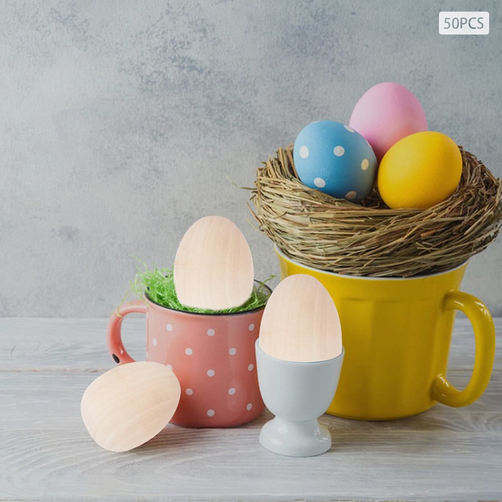 50pcs Wooden Eggs DIY Crafts Eggs, Easter Decoration Eggs For Painting Carving
