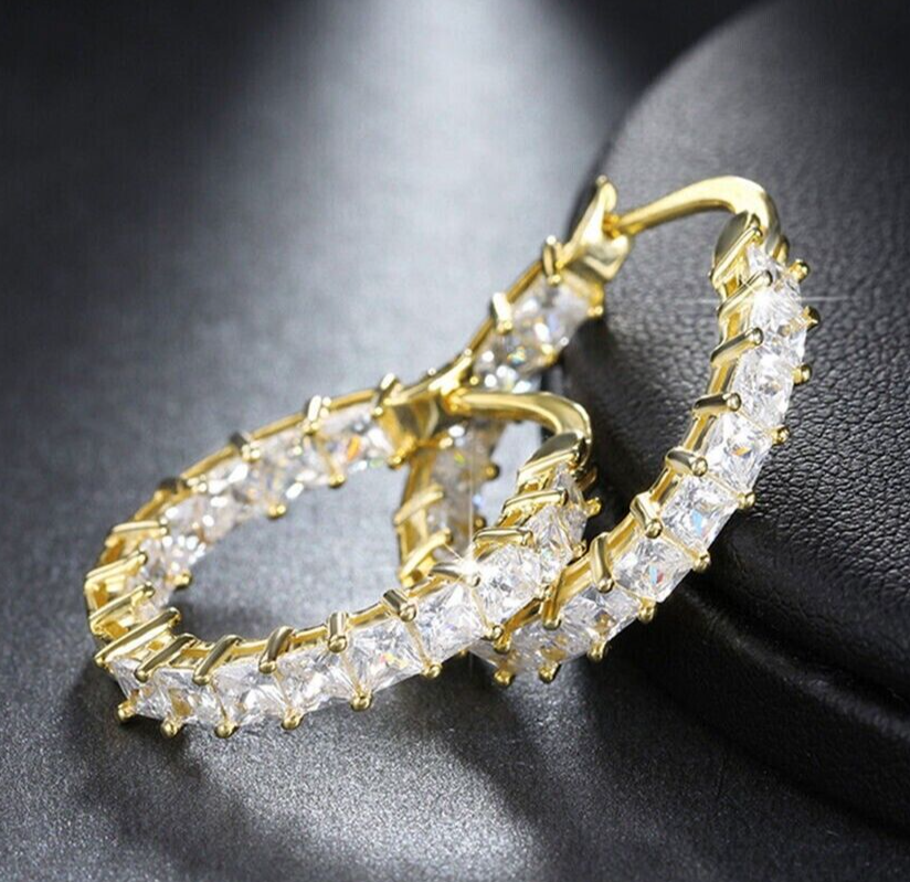 4.3Ct Simulated Diamond 14K Gold Plated Hoop Earrings Valentine Gift  