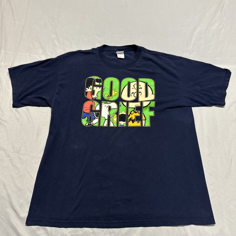 Vintage Peanuts Charlie Brown Good Grief T Shirt Snoopy Size XL Blue