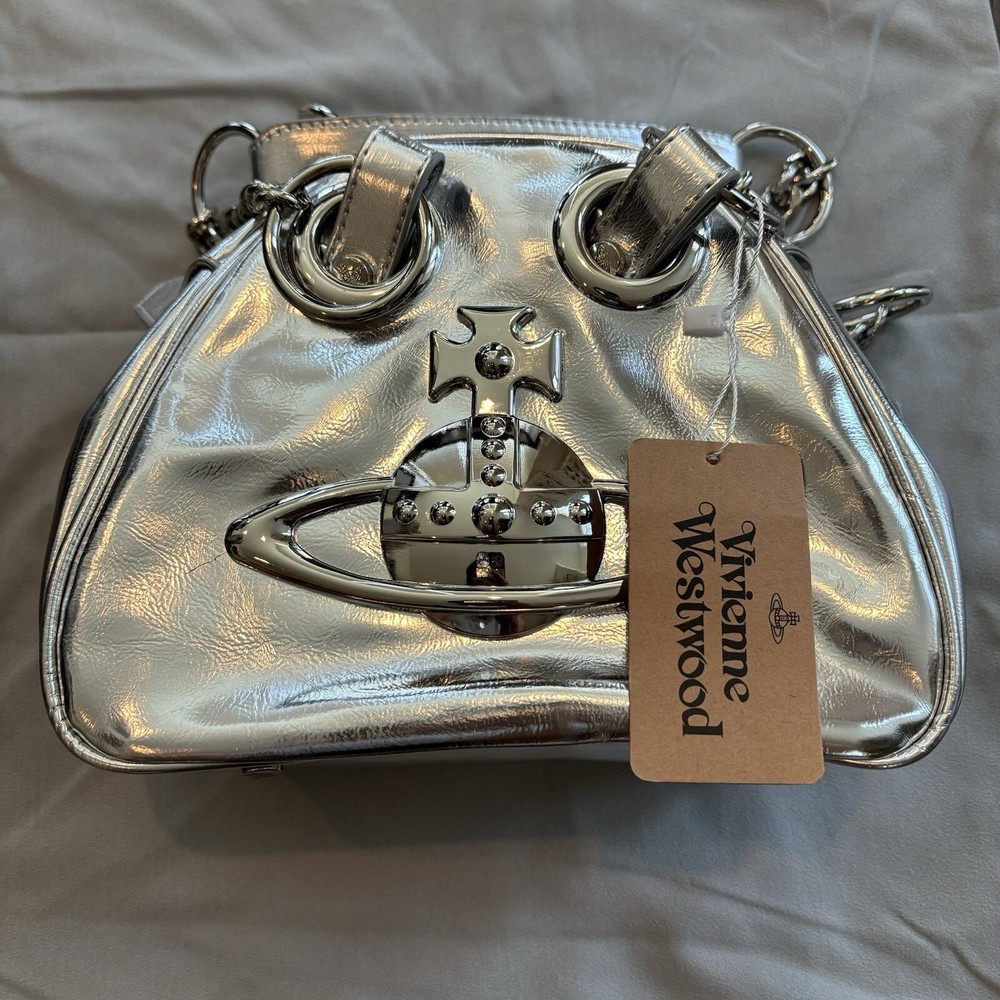 Vivienne Westwood Archive Big Orb-plaque Silver Leather Chain Handbag Purse Bag