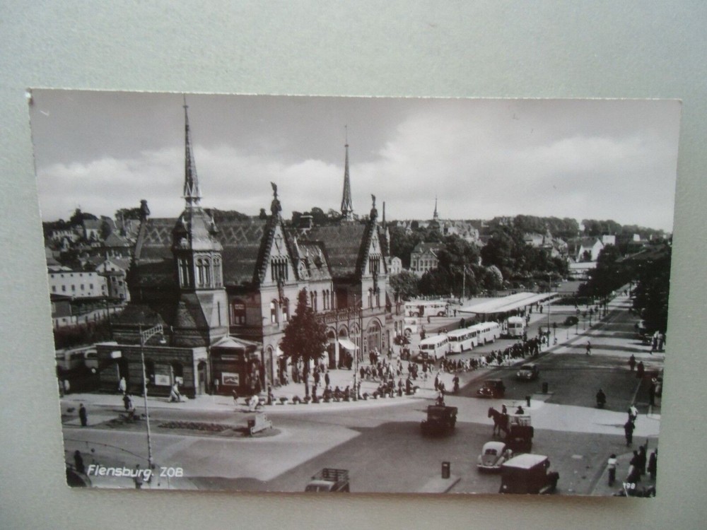 Postcard Flensburg ZOB 50s Street Train