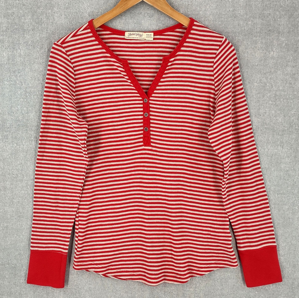 Faded Glory Henley Sweater Womens Large Red Thermal Waffle Knit Striped